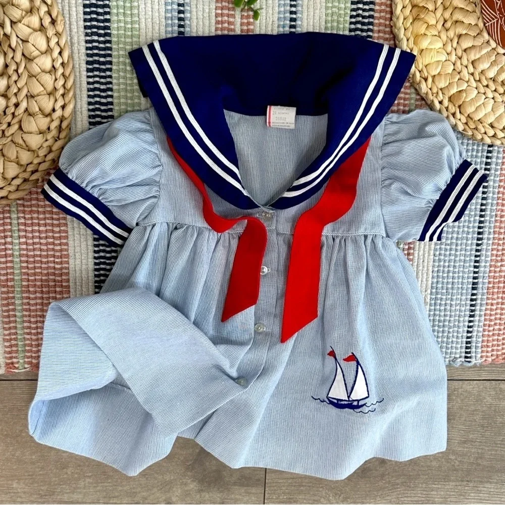 Vintage Nautical Sailor Dress Embroidered Sailboat 24 Months Baby Toddler Girl